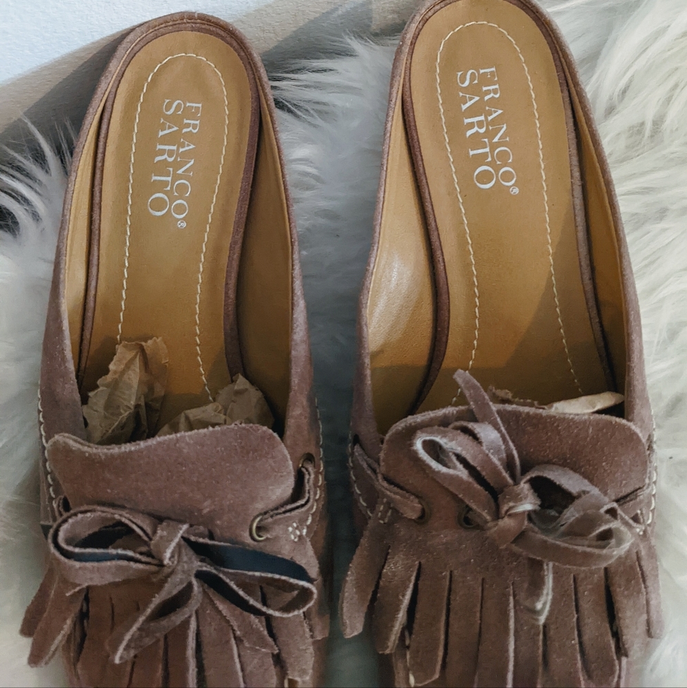 Franco Sarto Dusty Lilac Suede Fringe Kitten Heel Mules 8 - Picture 3 of 7